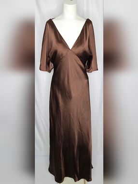 Revelry Wedding Guest Satin Flutter Sleeve Maxi Dress - Chocolate Size 10 NWOT